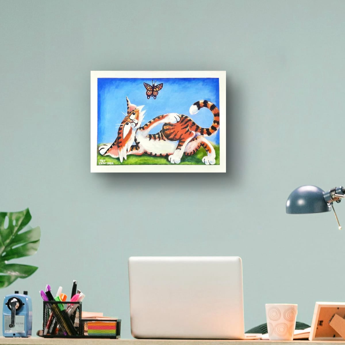 Blue Sky Butterfly and JAC the Cat - Original Artwork by TET.