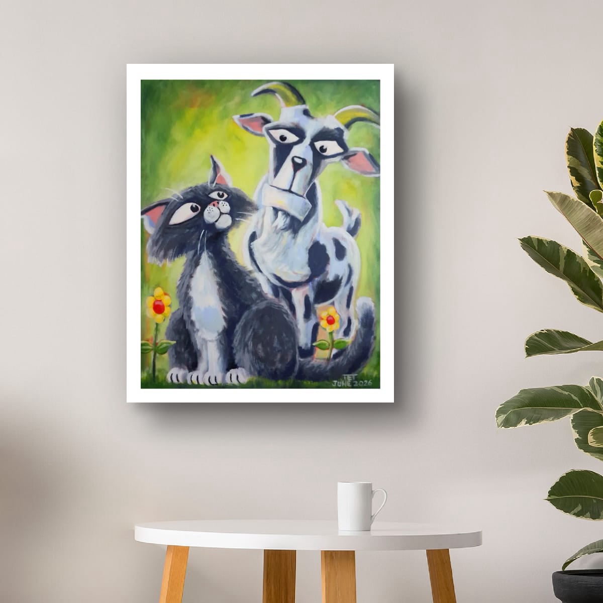 Who is the GOAT? - Original Artwork by TET hanging on a wall above a side table.